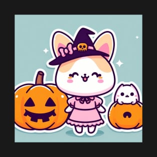 cute kawaii cartoon kitty cat with a hat for halloween with pumpkin T-Shirt