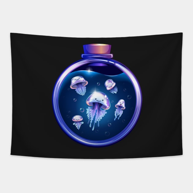 Cute jellyfish cartoon character in a bottle Tapestry by tomodaging