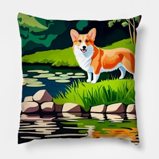 Corgi by the Pond Pillow