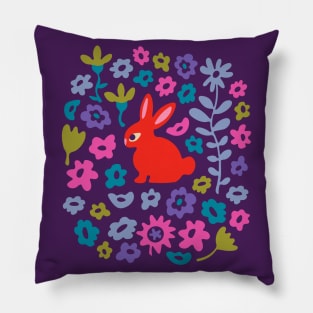 BUNNY RABBIT Cute Baby Animal with Flowers in Bright Red - Kids Easter Spring and 2023 Year of the Rabbit - UnBlink Studio by Jackie Tahara Pillow