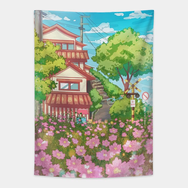 The cute Japanese landscape view with the traditional house, blue sky, and pink flowers. A great aesthetic  gift for those who love nature, Japan, anime and manga style Tapestry by AnGo