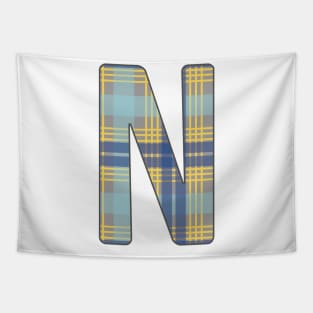 Monogram Letter N, Blue, Yellow and Grey Scottish Tartan Style Typography Design Tapestry