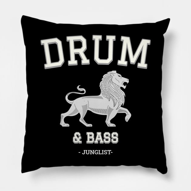 DRUM & BASS  - College Font Lion (white) Pillow by DISCOTHREADZ 