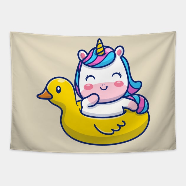 Cute Unicorn Floating With Swimming Duck Cartoon Tapestry by Catalyst Labs