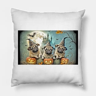 Pug Dogs Halloween Wizards & Witches Pillow