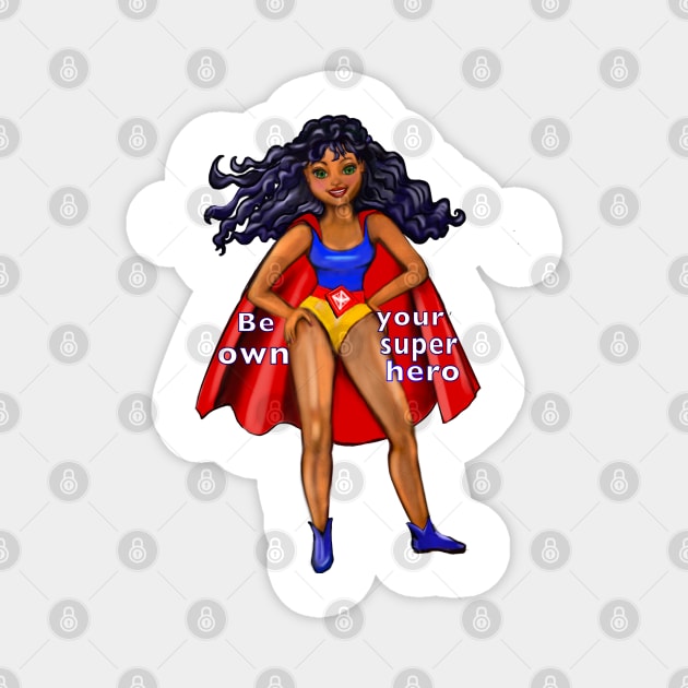 Be your own superhero  - Black anime superhero girl with flowing hair and red cape ! beautiful  black girl with Afro hair, brown eyes, Cherry pink lips and dark brown skin. Hair love ! Magnet by Artonmytee