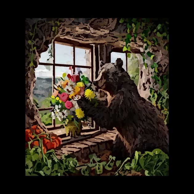 watercolor bear with garden and mixed flowers by Catbrat