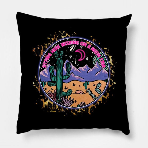 Sitting Here Wishing On A Neon Star Leopard Design Cactus Mountains Pillow by Merle Huisman