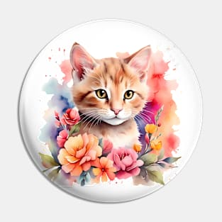 A cat decorated with beautiful colorful flowers in a watercolor illustration. Pin