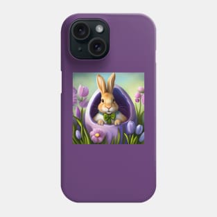 Cartoon Bunny popping out of Lilac Easter Egg surrounded by Flowers Phone Case