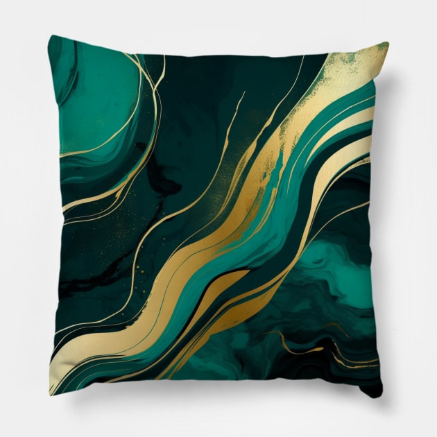 Emerald Green and Gold Abstract Swirl Pillow by Trippycollage