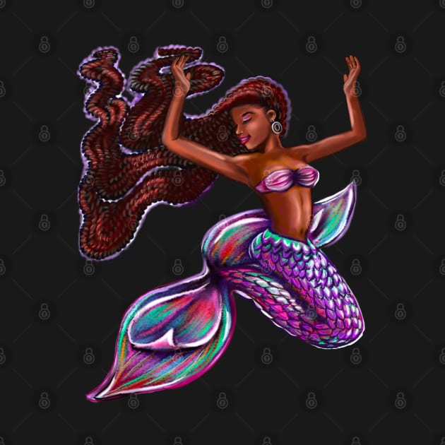 mermaid with flowing red braids,   Afro hair and caramel brown skin. Black mermaid by Artonmytee