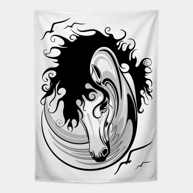 Horse Surreal Black and White Tattoo Style Portrait Tapestry by BluedarkArt