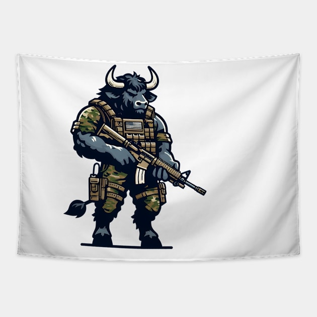 Tactical Minotaur Power Tee: Where Mythical Might Meets Modern Strength Tapestry by Rawlifegraphic