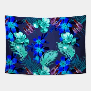 Palm Leaves And Flowers, Blue Navy Tapestry