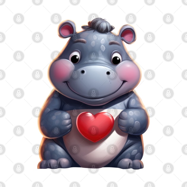 Valentine Hippo Holding Heart by Chromatic Fusion Studio