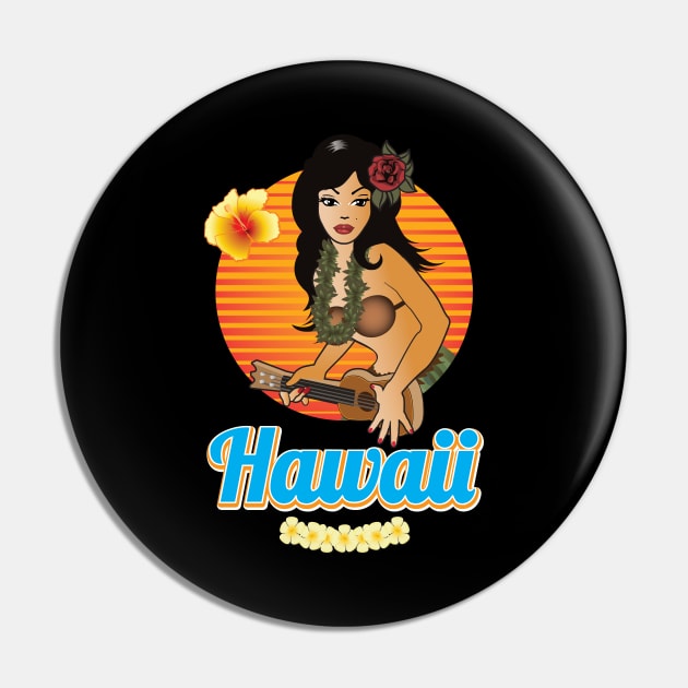 Hawaii Hula Girl with Ukulele Sunset Pin by PauHanaDesign