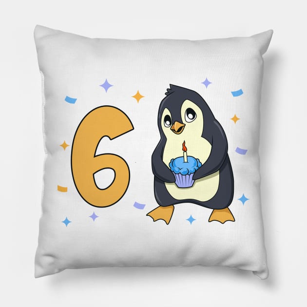 I am 6 with penguin - kids birthday 6 years old Pillow by Modern Medieval Design