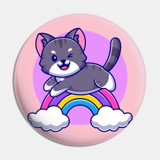 Cute Cat Jumping With Rainbow And Cloud Cartoon Pin