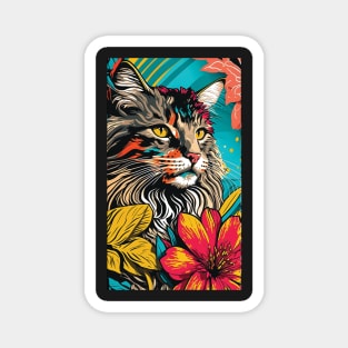 Maine Coon Cat Vibrant Tropical Flower Tall Retro Vintage Digital Pop Art Portrait Magnet