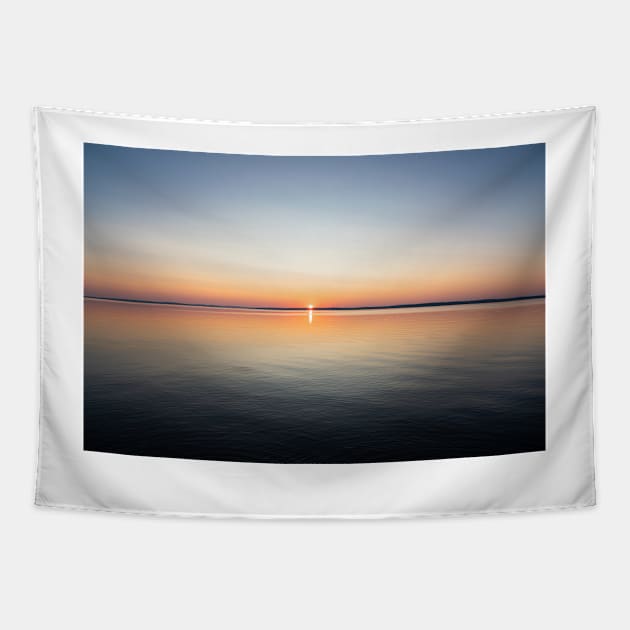 Calm serene sunrise lake scenery Tapestry by Juhku