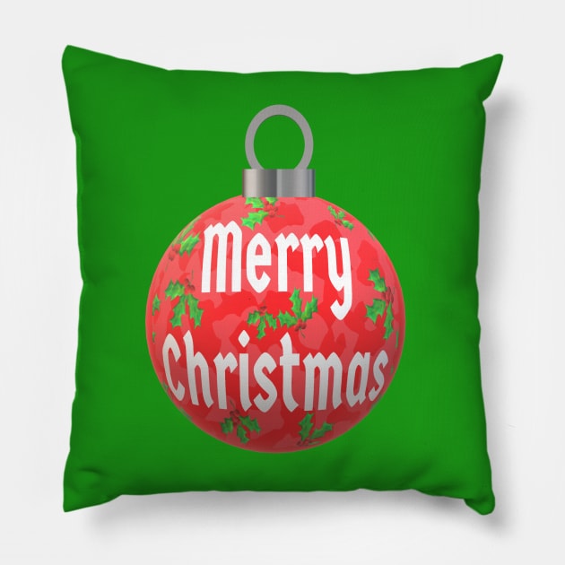 Christmas Tree Ornament with Merry Christmas, Abstract Red Peppermint and Holly Berries Pillow by Art By LM Designs 