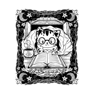 Cozy Cat in A Blanket with Book Line Art Illustration T-Shirt