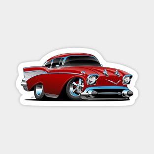 Classic hot rod 57 muscle car, low profile, big tires and rims, candy apple red cartoon Magnet