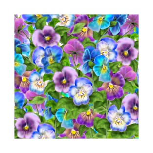 Beautiful Pansy Flowers Violet Viola Tricolor Floral Pattern. Watercolor Hand Drawn Decoration. Spring colorful pansies in bloom garden flowers. T-Shirt