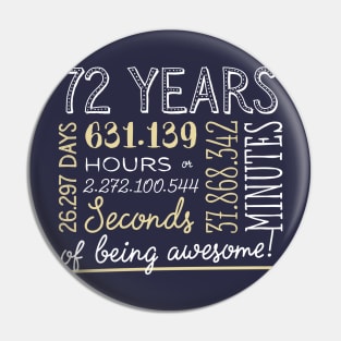 72nd Birthday Gifts - 72 Years of being Awesome in Hours & Seconds Pin