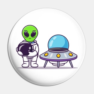 Cute Astronaut Alien Holding Helmet With Spaceship UFO Pin