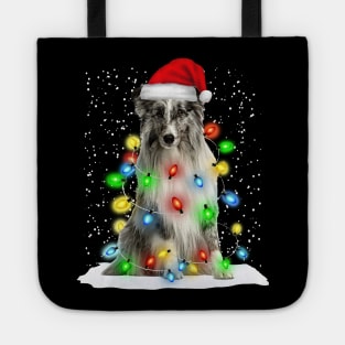 Shetland Sheepdog Christmas Santa Hat Xmas Tree Color Lights Tote