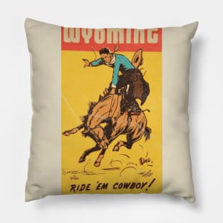 Wyoming Cowboy / Vintage Luggage Sticker Pillow