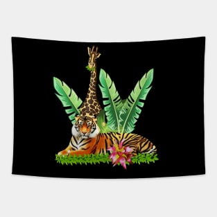 Tiger design with Giraffe Tropical Floral Style Tapestry