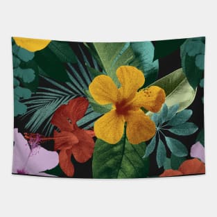 Colorful tropical flowers and leaves. Hibiscus flower, Palm leaves vibrant summer exotic print. Tapestry