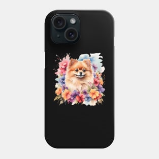 A pomeranian decorated with beautiful watercolor flowers Phone Case