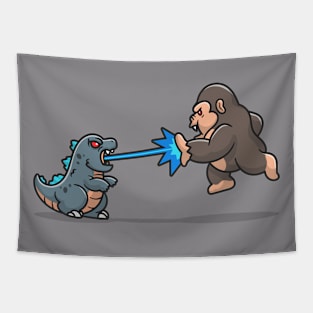 Cute Godzilla Gushes Fire At Kong Cartoon Tapestry