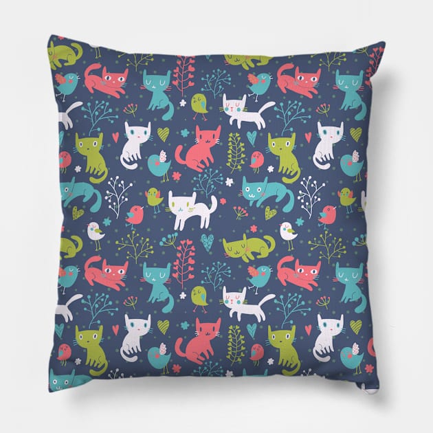 Cat & Bird Pattern Pillow by AnnieWijaya