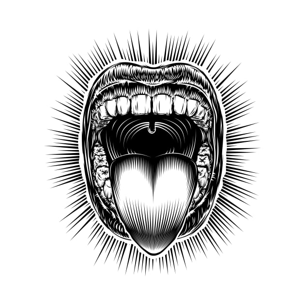 Mouth Open Tongue Scream Vintage Ink Hand Drawing Monochrome by alxr