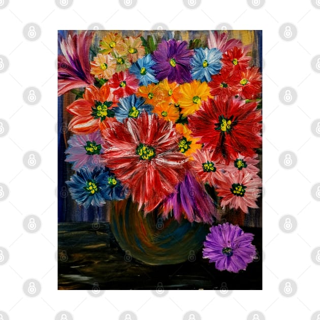 So a lovely color combination in this bouquet of flowers in a metallic silver and purple and turquoise blend vase . by kkartwork