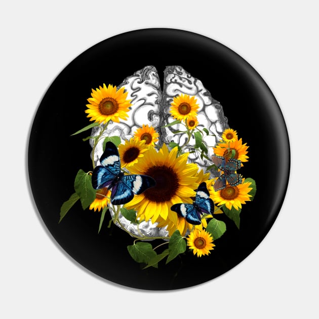 Brain sunflowers and blue butterflies, Mental Health Pin by Collagedream