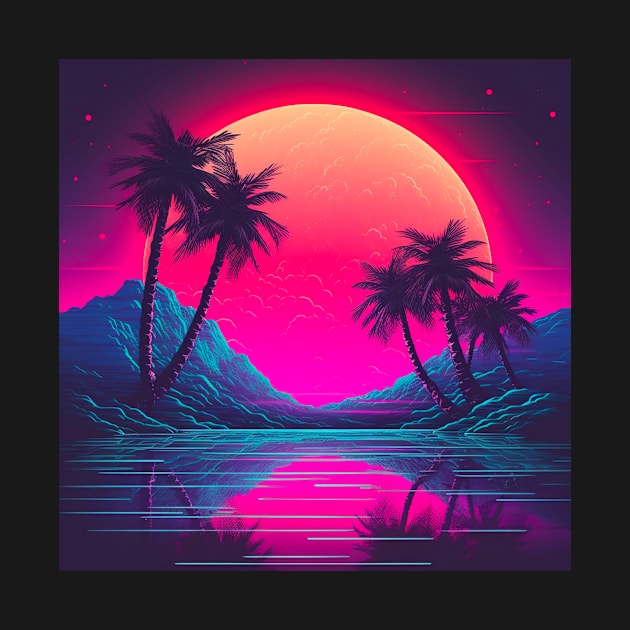 Vaporwave Retrowave Synthwave Vintage Sunset Palm Trees Ocean Mountains by bullquacky