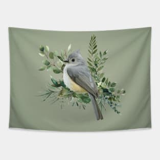 Grey Bird on Branch olive green background Tapestry