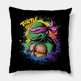 A striking and vibrant illustration of a ninja turtle, wearing a pair of sleek headphones_1 Pillow