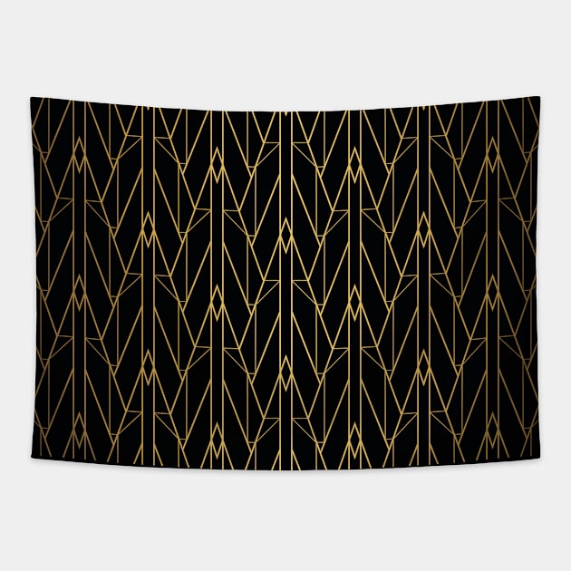 Black and Gold Vintage Art Deco Triangle Lines Geometric Pattern Tapestry by podartist