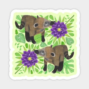 Coatimundi with Palm Leaves Philodendron Gloriosum Leaves and Purple Dahlias Magnet