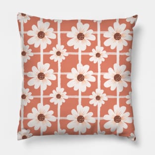 Botanical floral pink pattern, white daisies Pillow