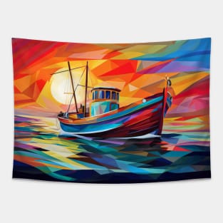 Fishing Boat Concept Abstract Colorful Scenery Painting Tapestry