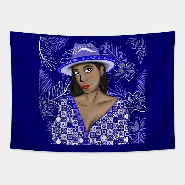 the muse woman from panama sunset beach in ecopop talavera mexican art Tapestry by jorge_lebeau