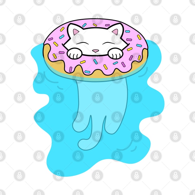 Cute white kitten swimming in a pool with water donut by Purrfect